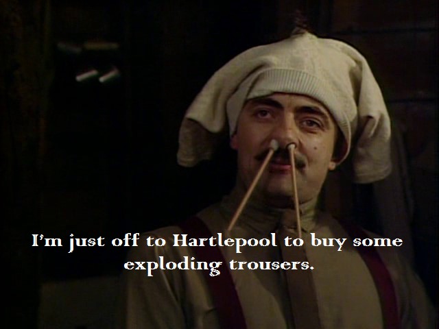 Blackadder with underpants on his head and pencil up nose